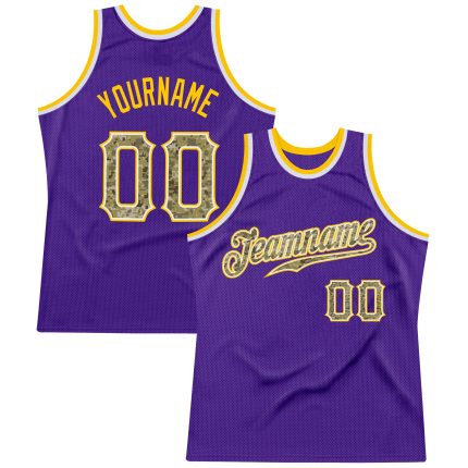 Personalized Purple Camo-Gold Authentic Throwback Basketball Jersey Team Custom Name and Number