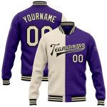 Personalized Purple Cream-Black Bomber Full-Snap Varsity Letterman Split Fashion Jacket Team Custom Name and Number