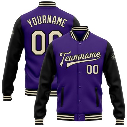 Personalized Purple Cream-Black Bomber Full-Snap Varsity Letterman Two Tone Jacket Team Custom Name and Number