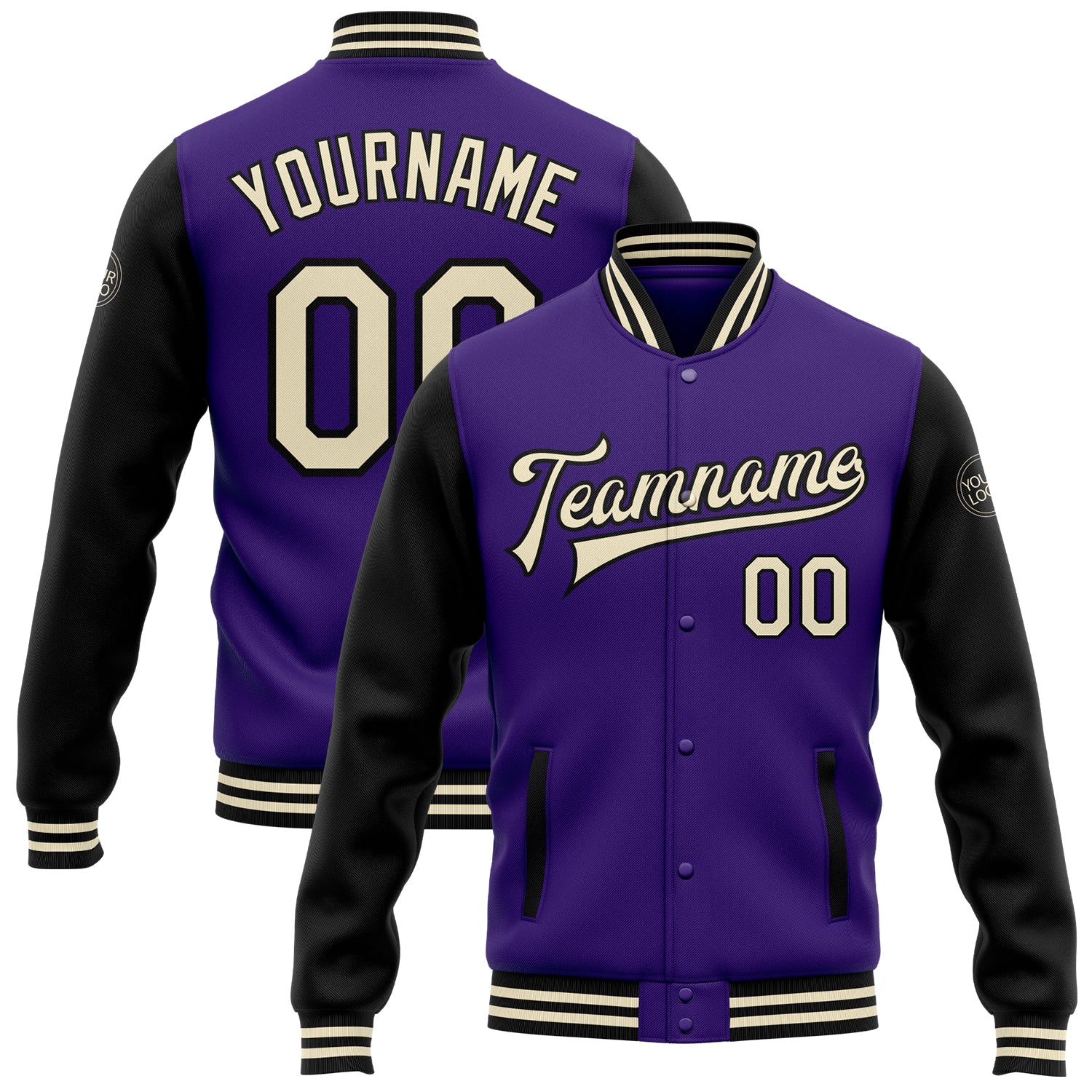 Personalized Purple Cream-Black Bomber Full-Snap Varsity Letterman Two Tone Jacket Team Custom Name and Number