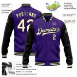 Personalized Purple Cream-Black Bomber Full-Snap Varsity Letterman Two Tone Jacket Team Custom Name and Number