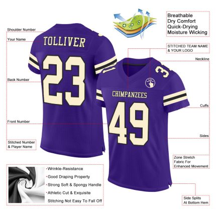 Personalized Purple Cream-Black Mesh Authentic Football Jersey Team Custom Name and Number