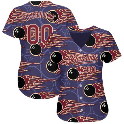 Personalized Purple Crimson-City Cream 3D Pattern Design Bowling Ball With Hotrod Flame Authentic Baseball Jersey Team Custom Name and Number