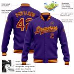 Personalized Purple Crimson-Gold Bomber Full-Snap Varsity Letterman Jacket Team Custom Name and Number