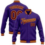 Personalized Purple Crimson-Gold Bomber Full-Snap Varsity Letterman Jacket Team Custom Name and Number