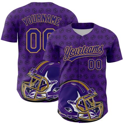 Personalized Purple Dark Purple-Old Gold 3D Pattern Design Football Helmet And Ball Authentic Baseball Jersey Team Custom Name and Number