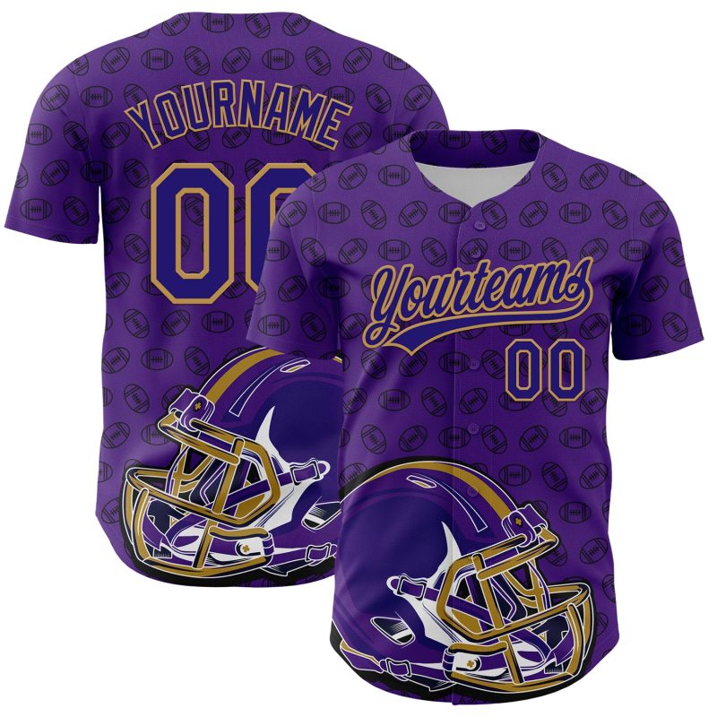 Personalized Purple Dark Purple-Old Gold 3D Pattern Design Football Helmet And Ball Authentic Baseball Jersey Team Custom Name and Number