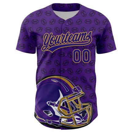 Personalized Purple Dark Purple-Old Gold 3D Pattern Design Football Helmet And Ball Authentic Baseball Jersey Team Custom Name and Number