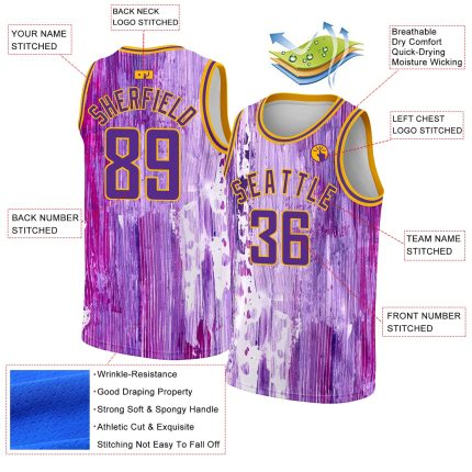 Personalized Purple Gold 3D Pattern Design Abstract Liquid Watercolor Style Authentic Basketball Jersey Team Custom Name and Number