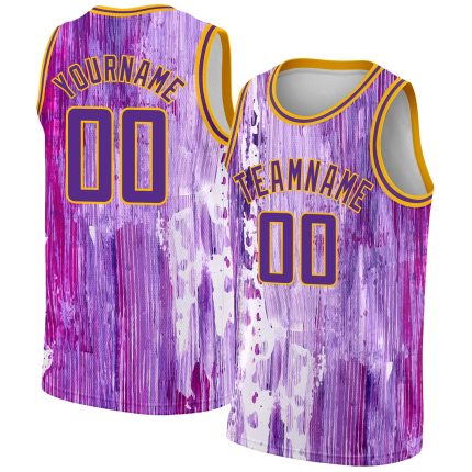 Personalized Purple Gold 3D Pattern Design Abstract Liquid Watercolor Style Authentic Basketball Jersey Team Custom Name and Number