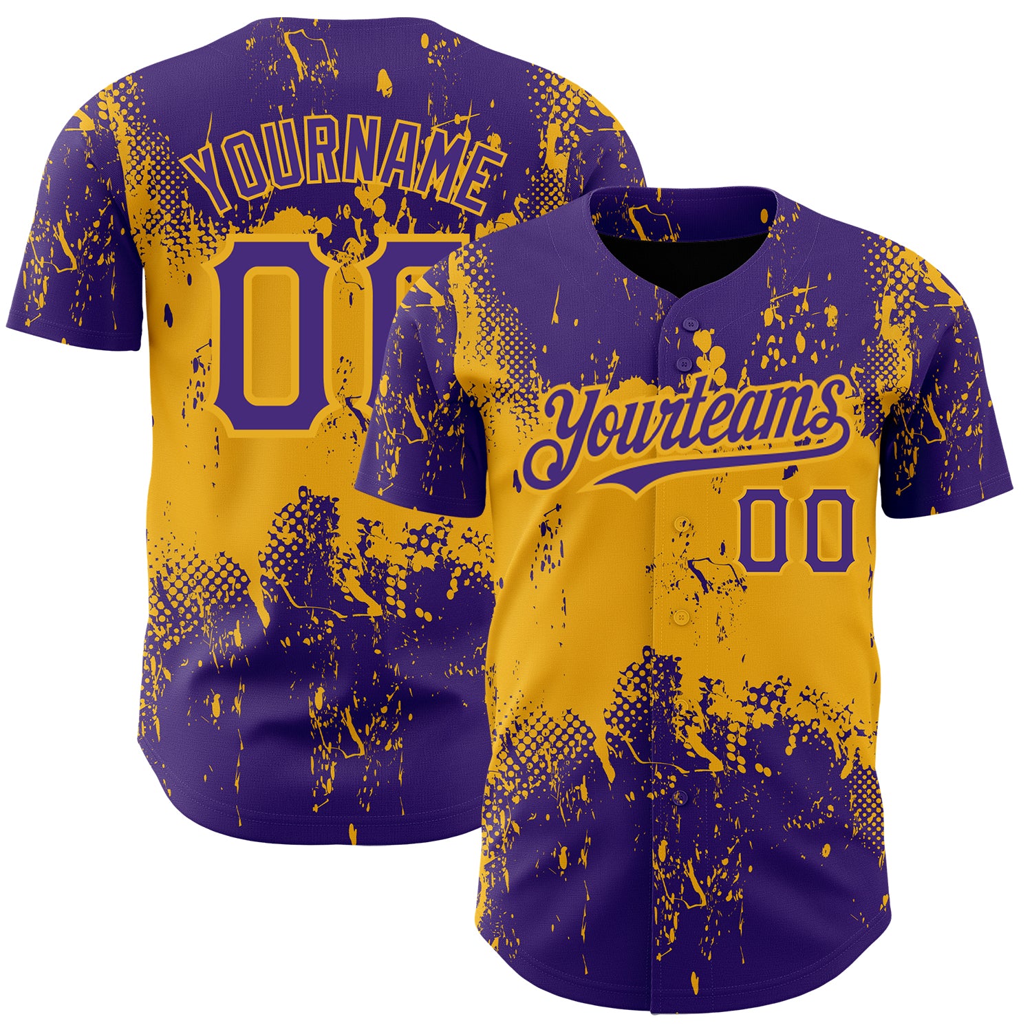 Personalized Purple Gold 3D Pattern Design Abstract Splatter Grunge Art Authentic Baseball Jersey Team Custom Name and Number