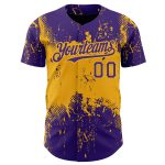 Personalized Purple Gold 3D Pattern Design Abstract Splatter Grunge Art Authentic Baseball Jersey Team Custom Name and Number