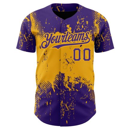 Personalized Purple Gold 3D Pattern Design Abstract Splatter Grunge Art Authentic Baseball Jersey Team Custom Name and Number