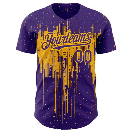 Personalized Purple Gold 3D Pattern Design Dripping Splatter Art Authentic Baseball Jersey Team Custom Name and Number