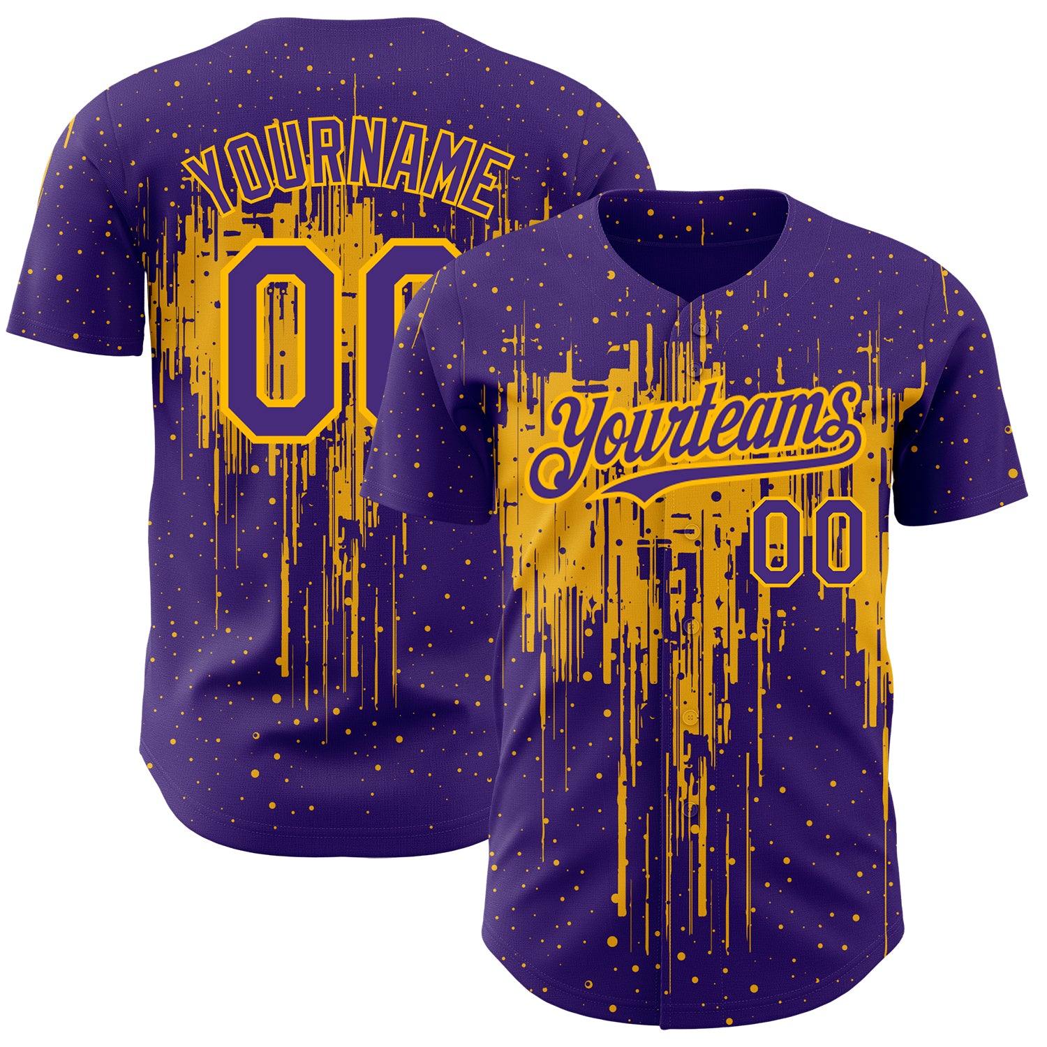 Personalized Purple Gold 3D Pattern Design Dripping Splatter Art Authentic Baseball Jersey Team Custom Name and Number