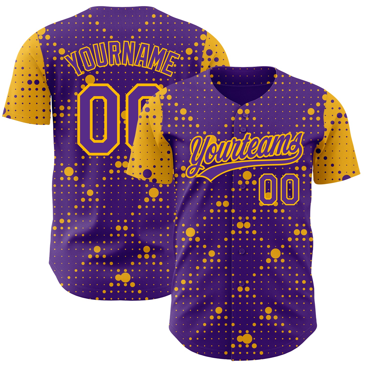 Personalized Purple Gold 3D Pattern Design Geometric Halftone Dots Authentic Baseball Jersey Team Custom Name and Number