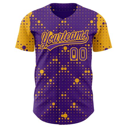 Personalized Purple Gold 3D Pattern Design Geometric Halftone Dots Authentic Baseball Jersey Team Custom Name and Number