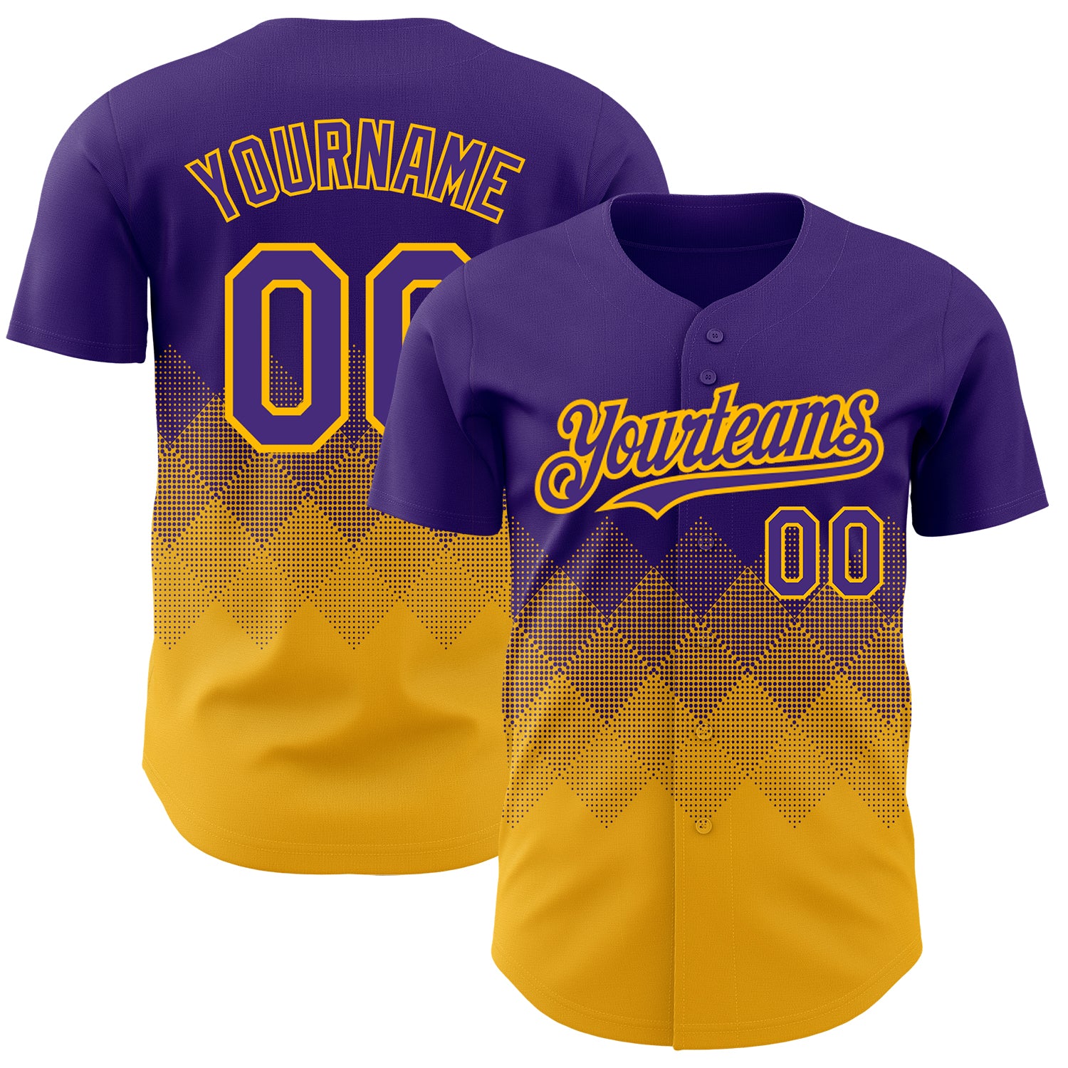 Personalized Purple Gold 3D Pattern Design Gradient Square Shapes Authentic Baseball Jersey Team Custom Name and Number