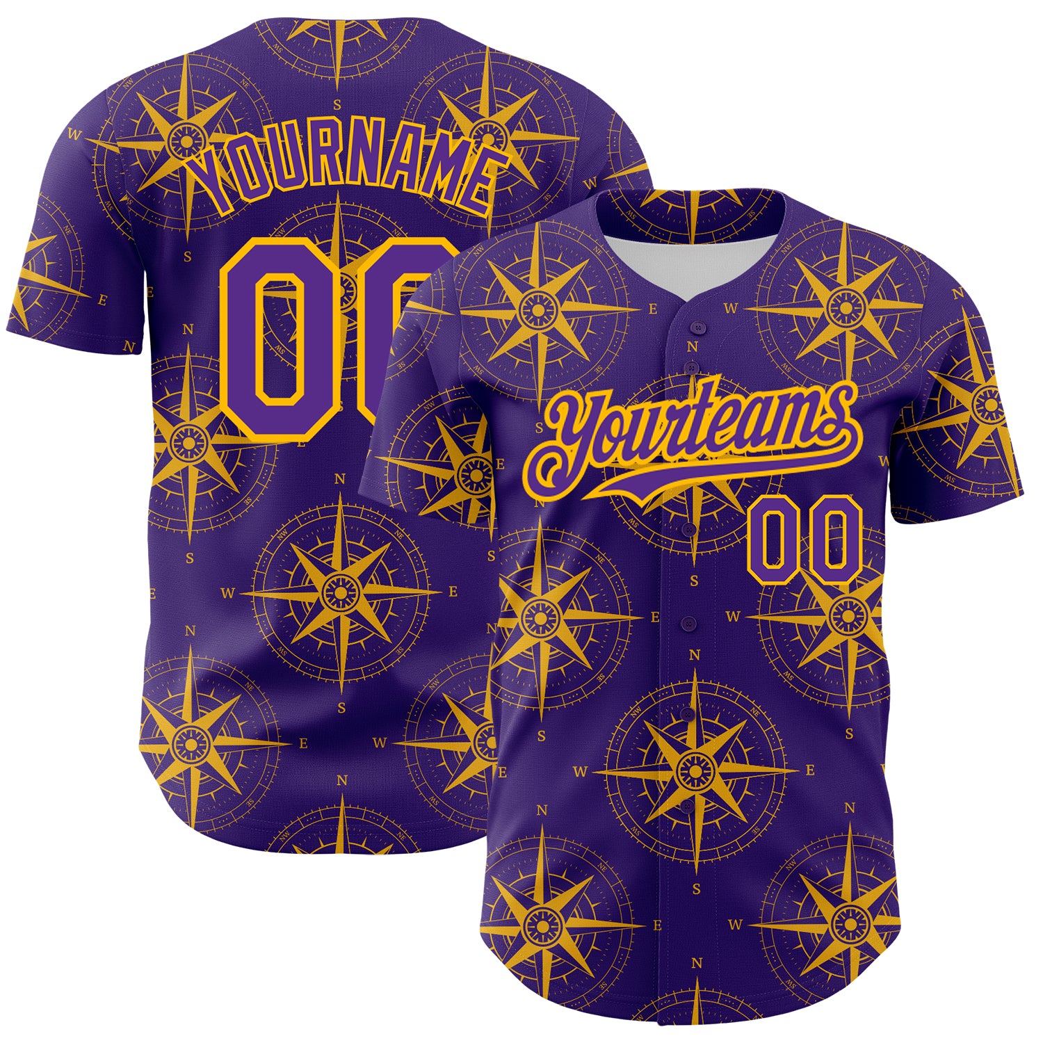 Personalized Purple Gold 3D Pattern Design Navigation Compass Authentic Baseball Jersey Team Custom Name and Number
