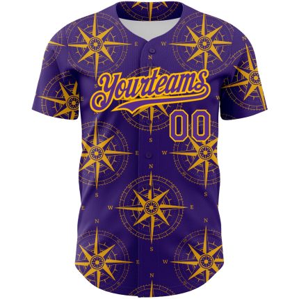 Personalized Purple Gold 3D Pattern Design Navigation Compass Authentic Baseball Jersey Team Custom Name and Number