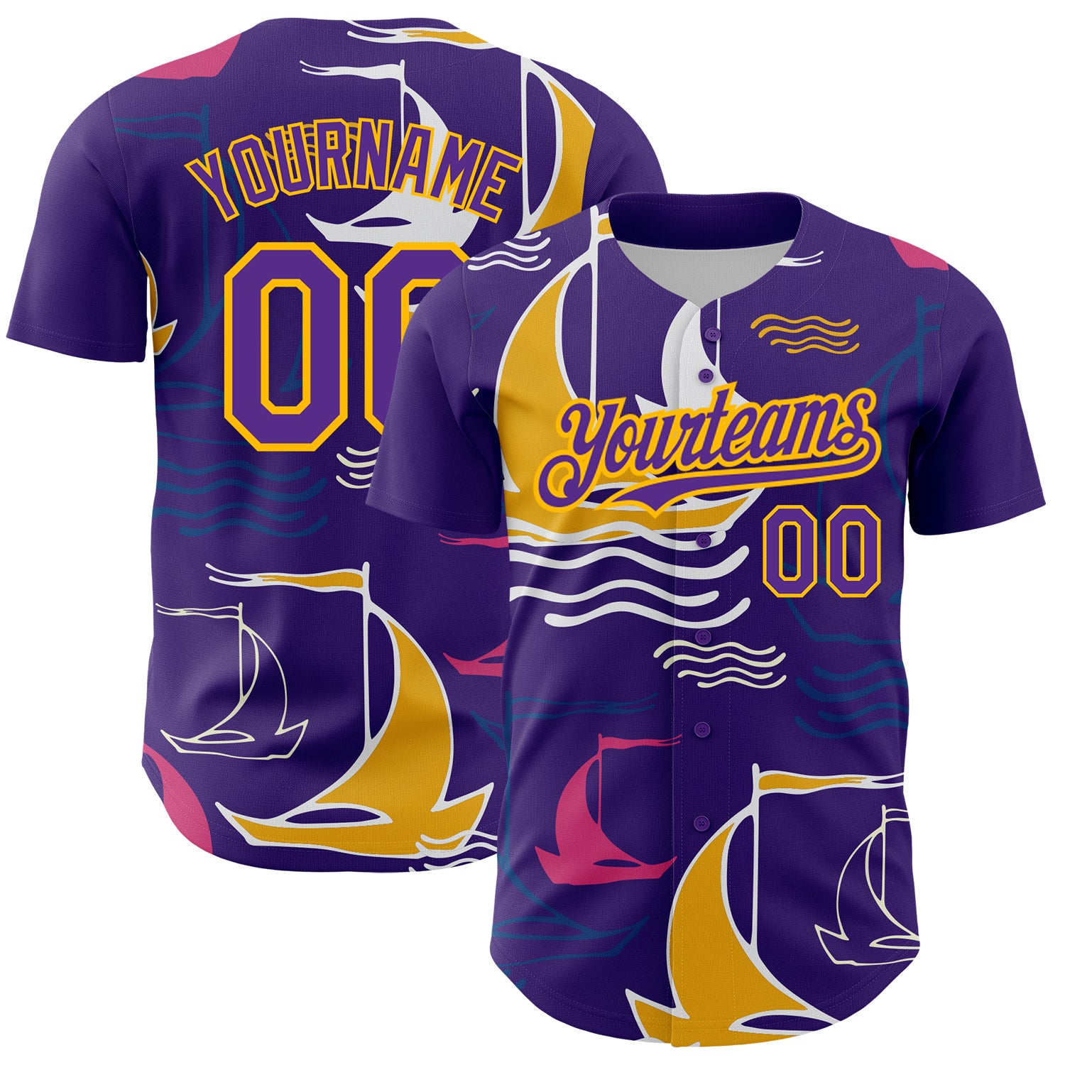 Personalized Purple Gold 3D Pattern Design Sailing Boats Authentic Baseball Jersey Team Custom Name and Number