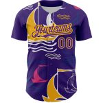 Personalized Purple Gold 3D Pattern Design Sailing Boats Authentic Baseball Jersey Team Custom Name and Number
