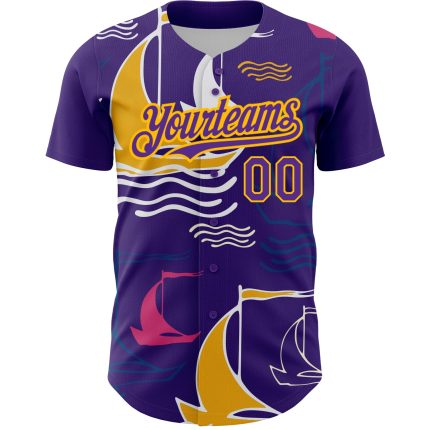 Personalized Purple Gold 3D Pattern Design Sailing Boats Authentic Baseball Jersey Team Custom Name and Number