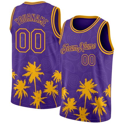 Personalized Purple Gold 3D Pattern Hawaii Palm Trees Authentic Basketball Jersey Team Custom Name and Number