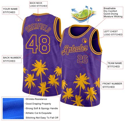 Personalized Purple Gold 3D Pattern Hawaii Palm Trees Authentic Basketball Jersey Team Custom Name and Number
