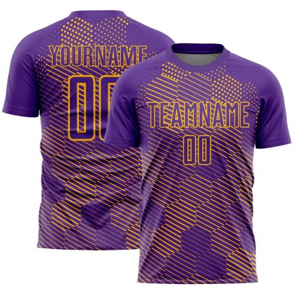 Personalized Purple Gold Abstract Hexagon Sublimation Soccer Uniform Jersey Team Custom Name and Number