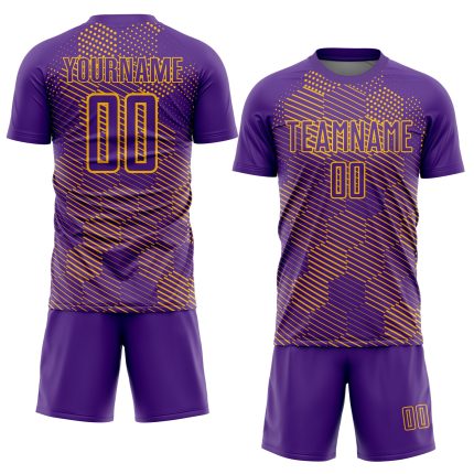 Personalized Purple Gold Abstract Hexagon Sublimation Soccer Uniform Jersey Team Custom Name and Number