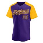 Personalized Purple Gold Authentic Raglan Sleeves Baseball Jersey Team Custom Name and Number