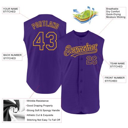Personalized Purple Gold Authentic Sleeveless Baseball Jersey Team Custom Name and Number