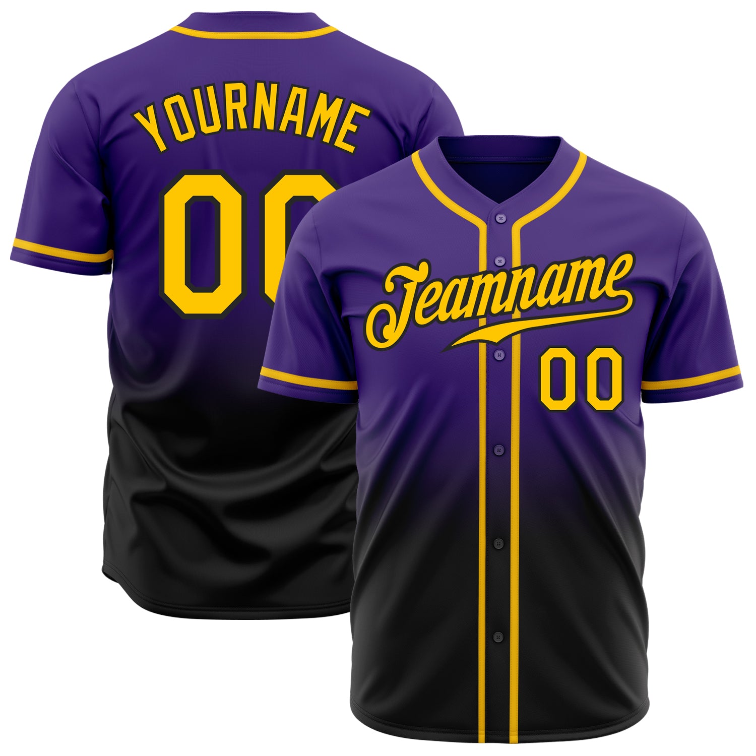 Personalized Purple Gold-Black Authentic Fade Fashion Baseball Jersey Team Custom Name and Number