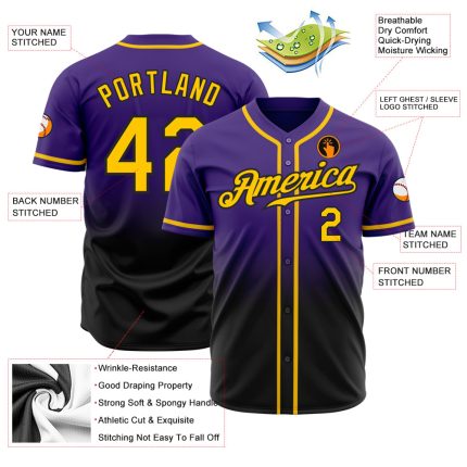 Personalized Purple Gold-Black Authentic Fade Fashion Baseball Jersey Team Custom Name and Number
