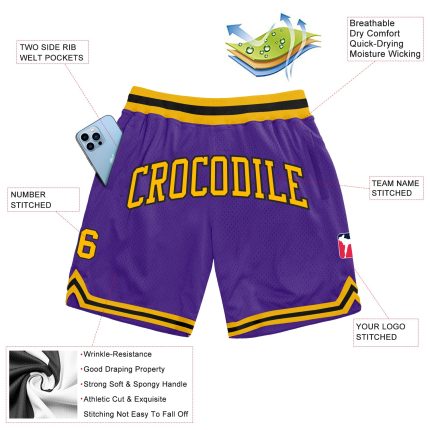 Personalized Purple Gold-Black Authentic Throwback Basketball Shorts Team Custom Name and Number