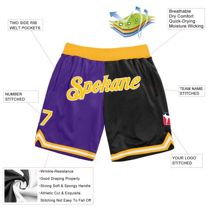 Personalized Purple Gold-Black Authentic Throwback Split Fashion Basketball Shorts Team Custom Name and Number