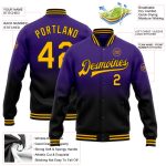 Personalized Purple Gold-Black Bomber Full-Snap Varsity Letterman Fade Fashion Jacket Team Custom Name and Number