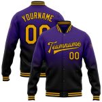 Personalized Purple Gold-Black Bomber Full-Snap Varsity Letterman Fade Fashion Jacket Team Custom Name and Number