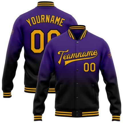 Personalized Purple Gold-Black Bomber Full-Snap Varsity Letterman Fade Fashion Jacket Team Custom Name and Number
