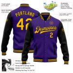 Personalized Purple Gold-Black Bomber Full-Snap Varsity Letterman Two Tone Jacket