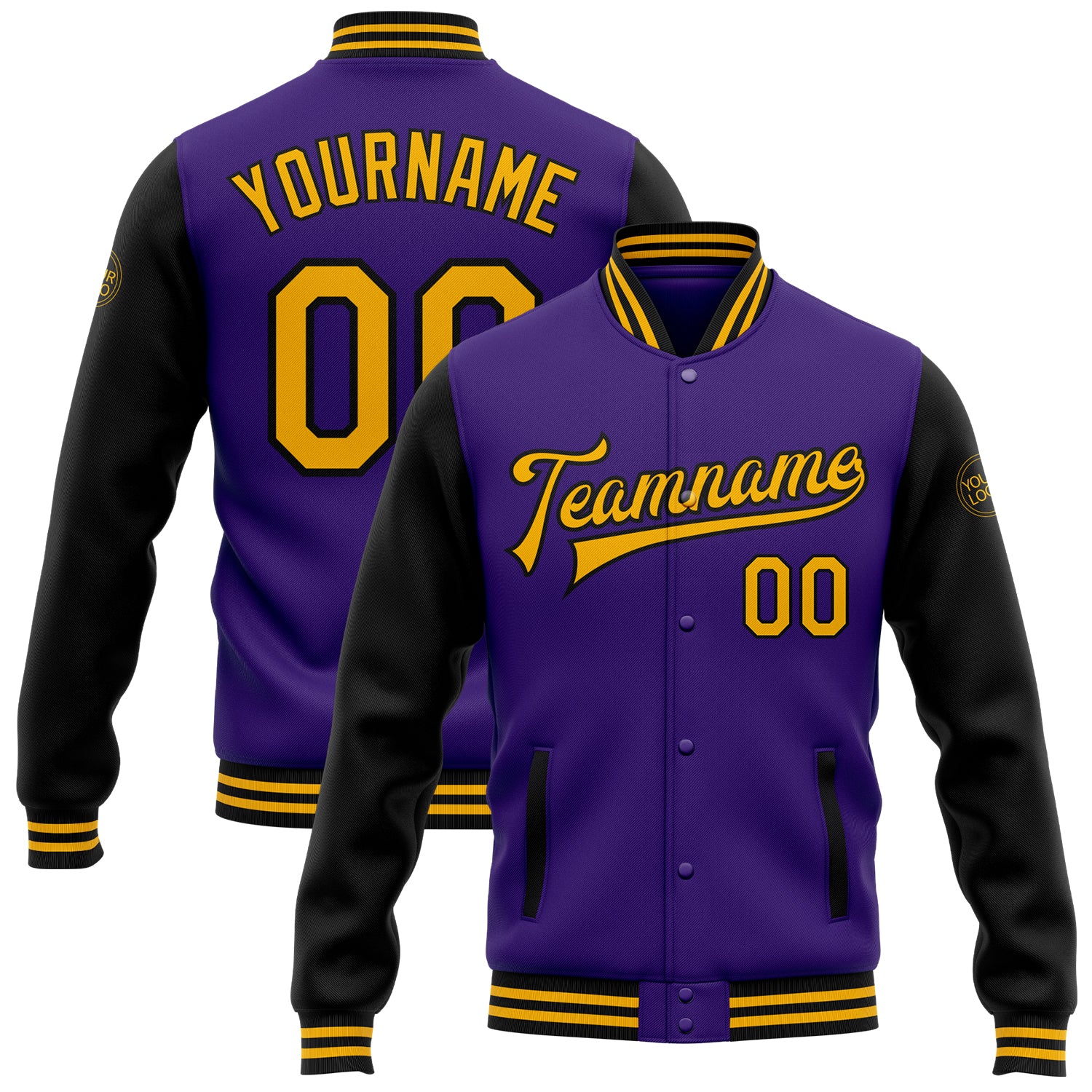 Personalized Purple Gold-Black Bomber Full-Snap Varsity Letterman Two Tone Jacket