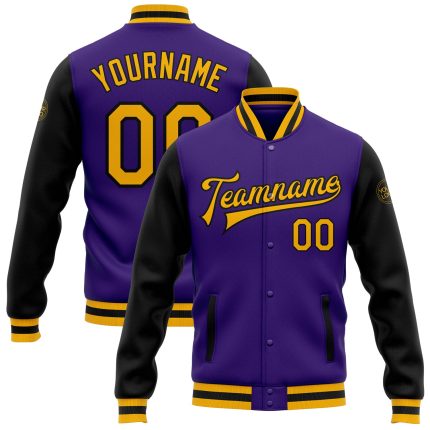 Personalized Purple Gold-Black Bomber Full-Snap Varsity Letterman Two Tone Jacket Team Custom Name and Number