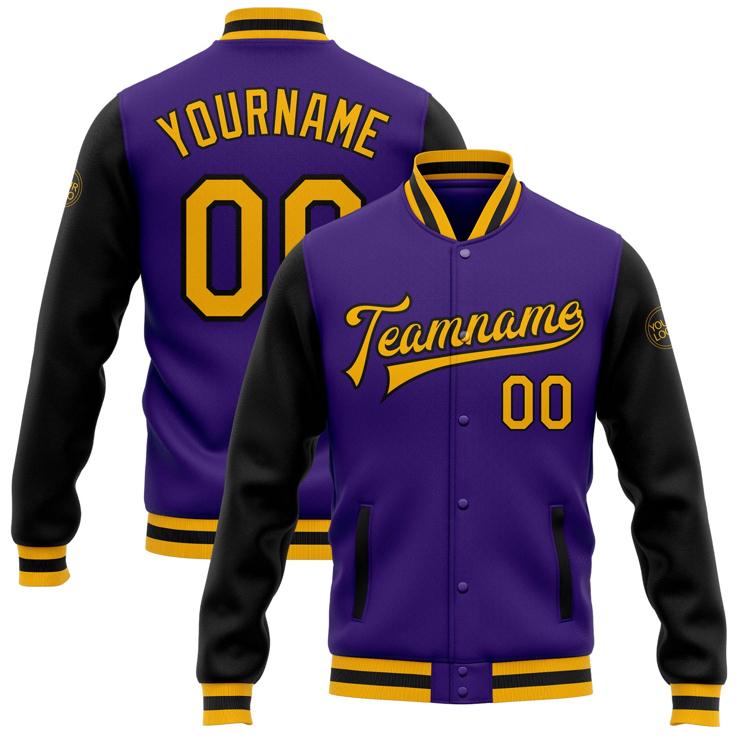 Personalized Purple Gold-Black Bomber Full-Snap Varsity Letterman Two Tone Jacket Team Custom Name and Number