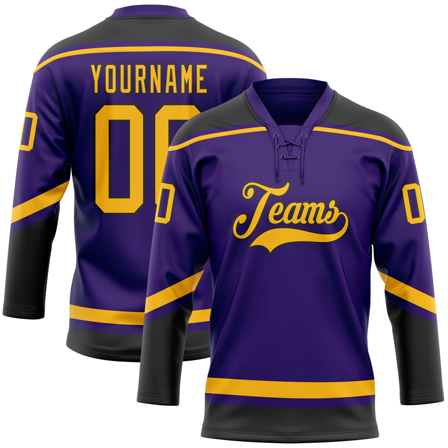 Personalized Purple Gold-Black Hockey Lace Neck Jersey Team Custom Name and Number