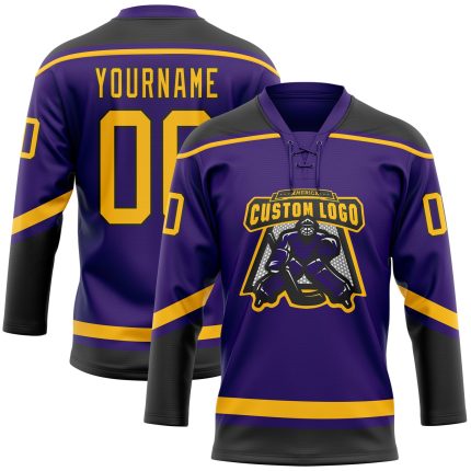Personalized Purple Gold-Black Hockey Lace Neck Jersey Team Custom Name and Number