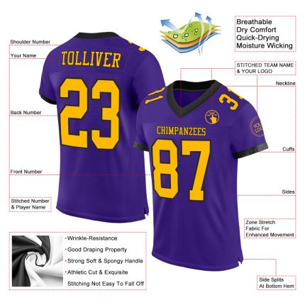 Personalized Purple Gold-Black Mesh Authentic Football Jersey Team Custom Name and Number