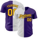 Personalized Purple Gold-Black Pinstripe Authentic Split Fashion Baseball Jersey Team Custom Name and Number
