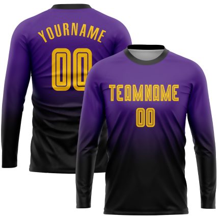 Personalized Purple Gold-Black Sublimation Long Sleeve Fade Fashion Soccer Uniform Jersey Team Custom Name and Number