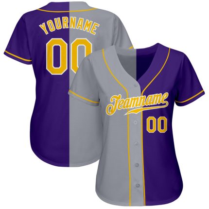 Personalized Purple Gold-Gray Authentic Split Fashion Baseball Jersey Team Custom Name and Number